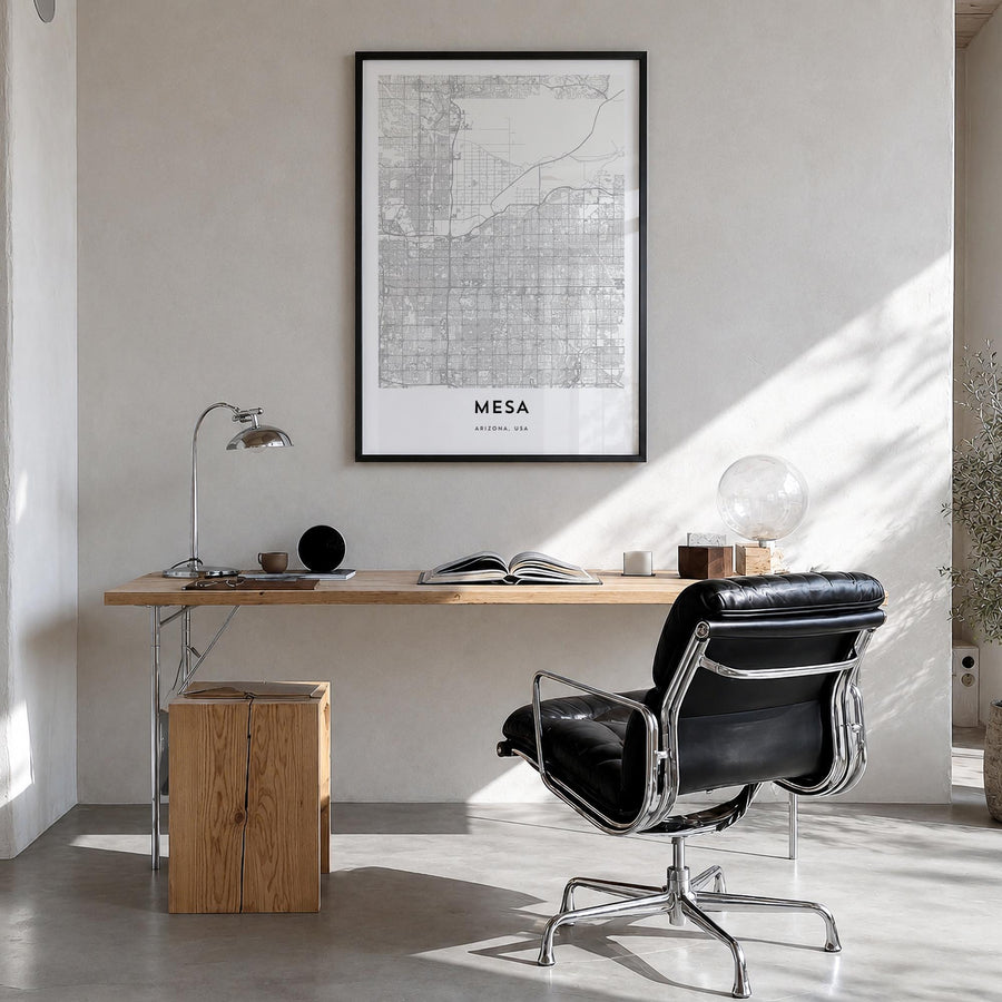 Mesa black & white map poster of Arizona, USA – vertical wall art in black wood frame, hanging on wall