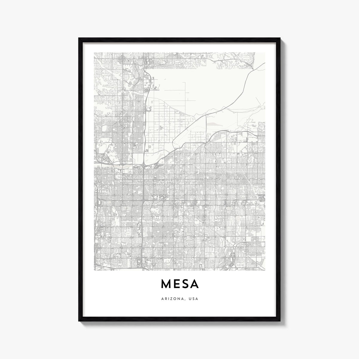 Mesa black & white map poster of Arizona, USA – vertical wall art, unframed print shown in interior mockup
