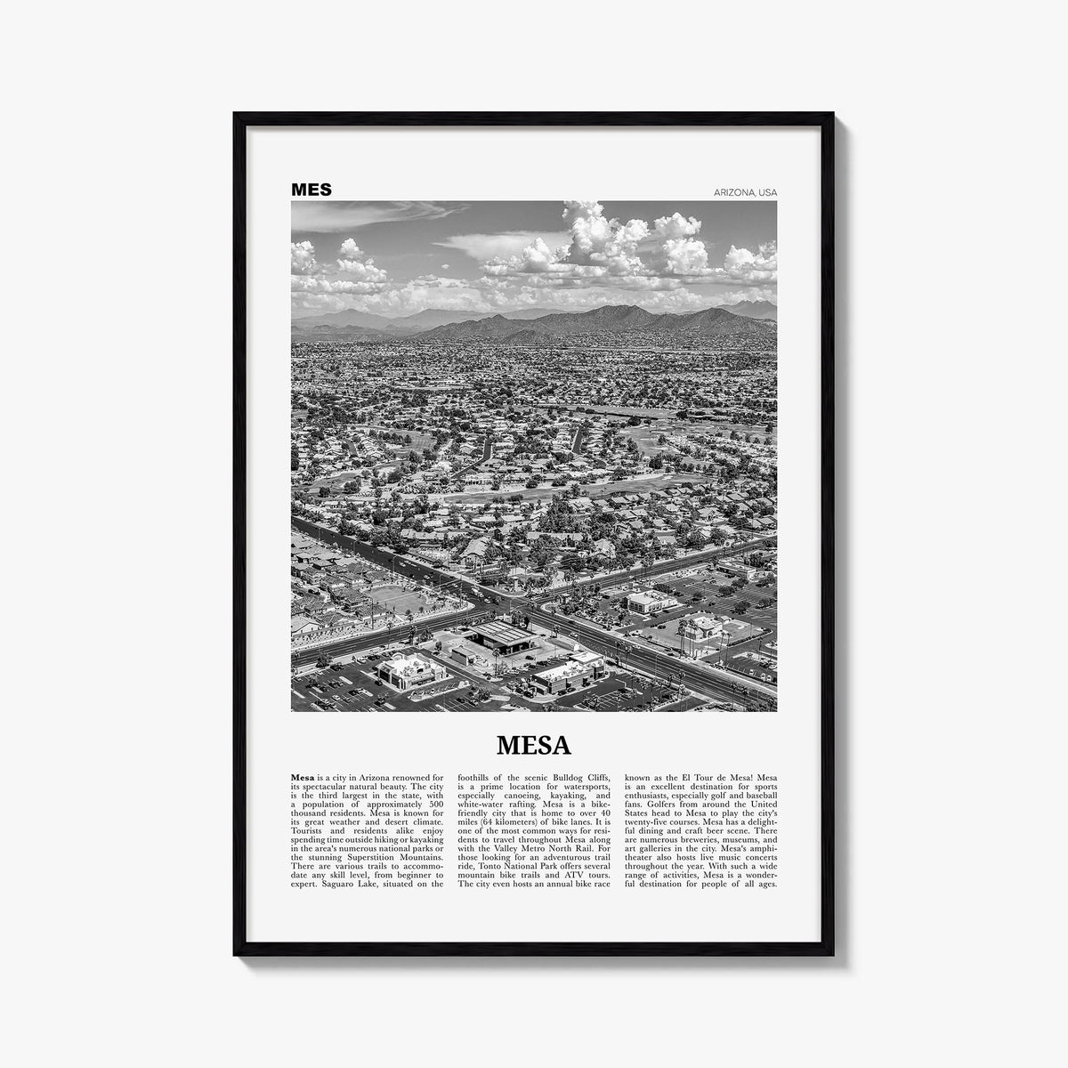 Mesa black & white newspaper poster of Arizona, USA – vertical wall art, unframed print shown in interior mockup