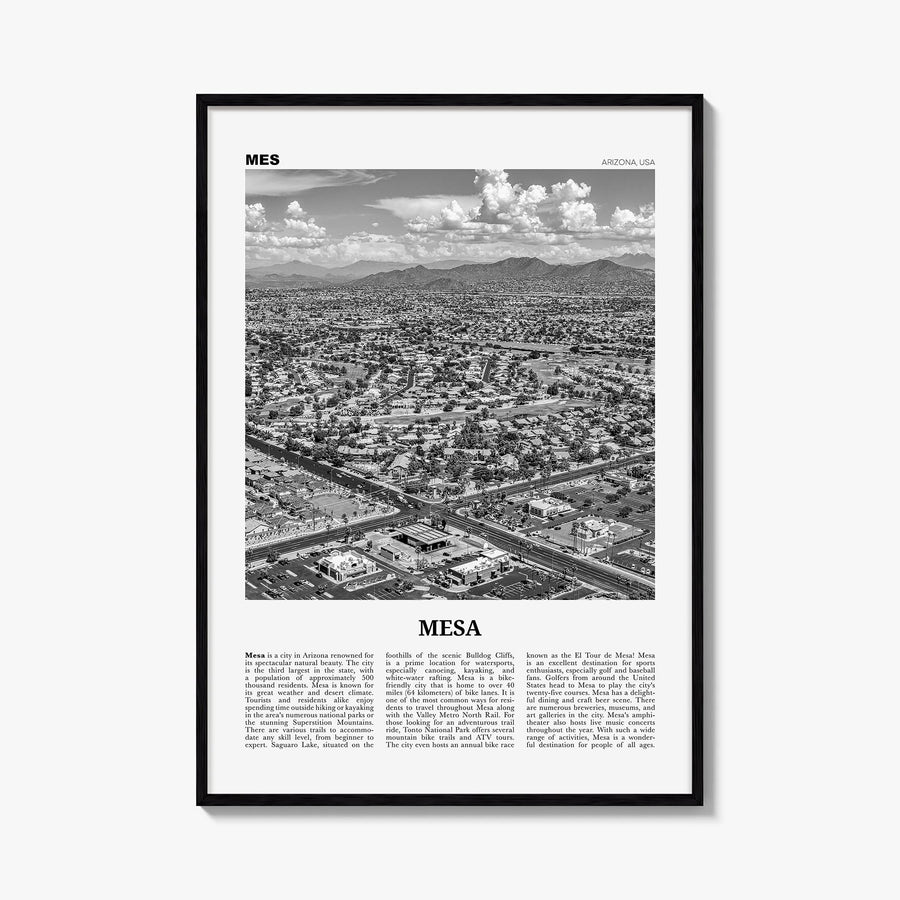 Mesa black & white newspaper poster of Arizona, USA – vertical wall art, unframed print shown in interior mockup