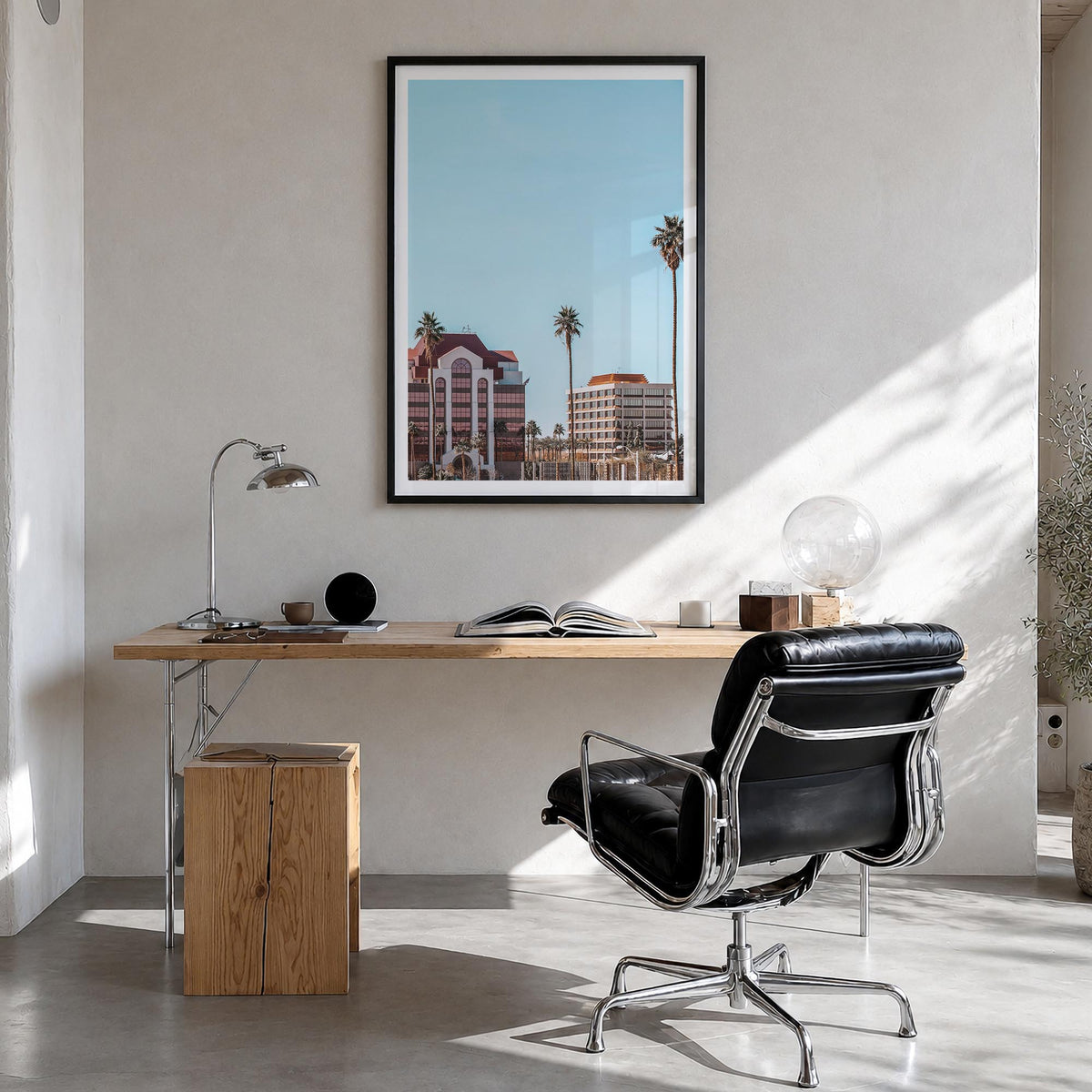 Mesa colorful photo poster of Arizona, USA – vertical wall art in black wood frame with white border, hanging on wall