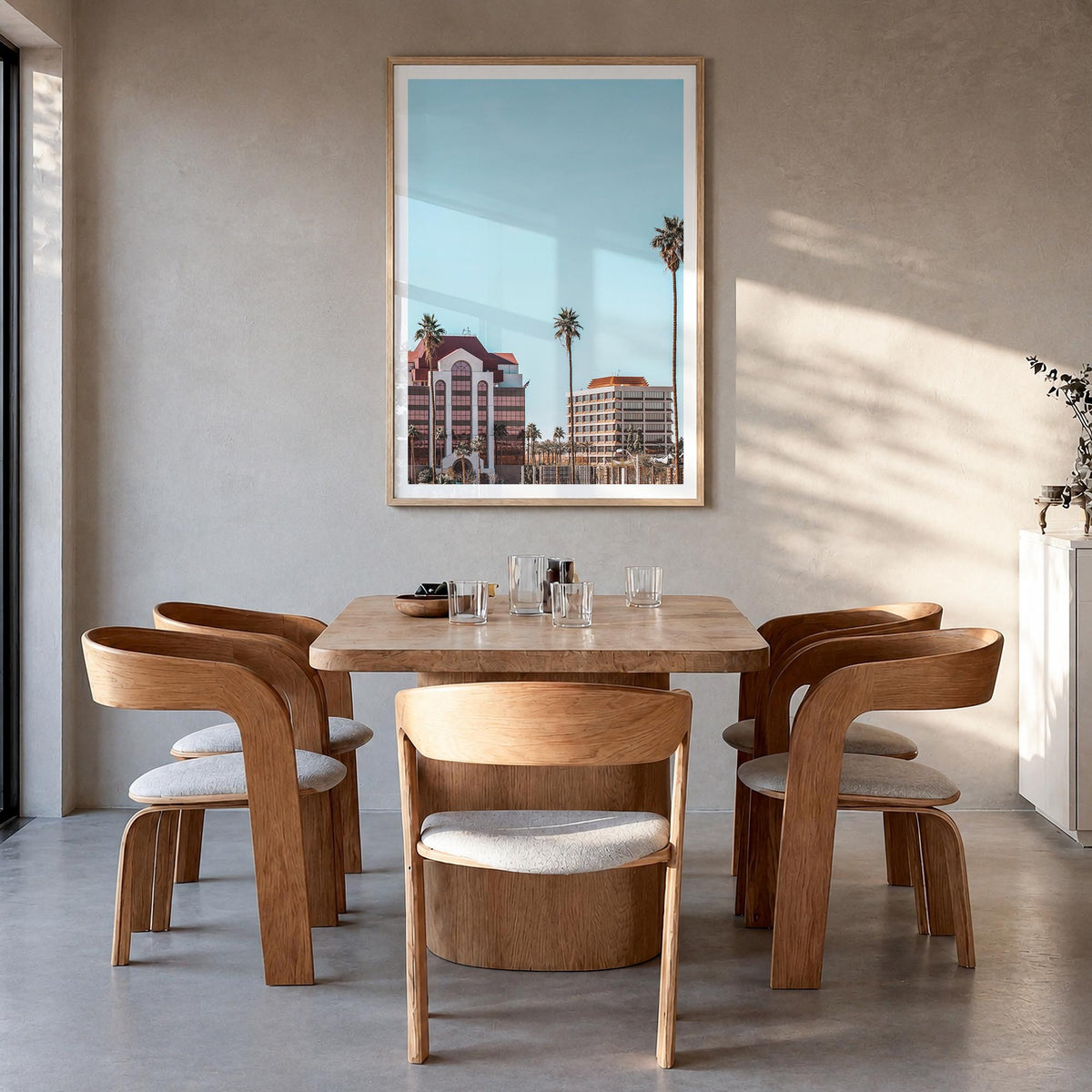 Mesa colorful photo poster of Arizona, USA – vertical wall art in natural wood frame with white border, hanging on wall