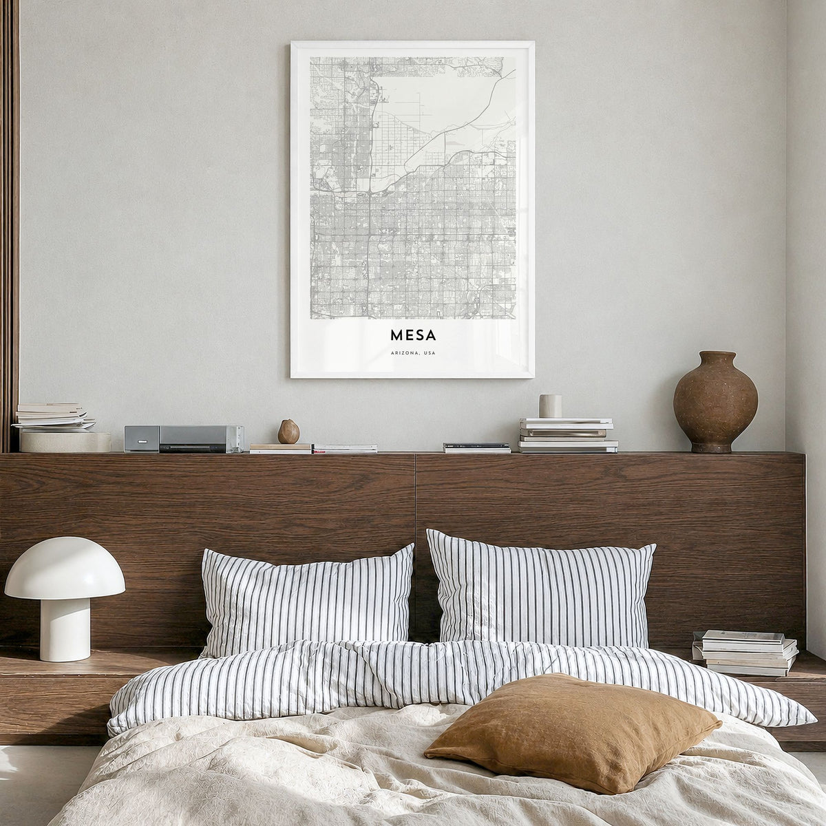 Mesa Map Poster in a white wood frame, hanging in a bedroom