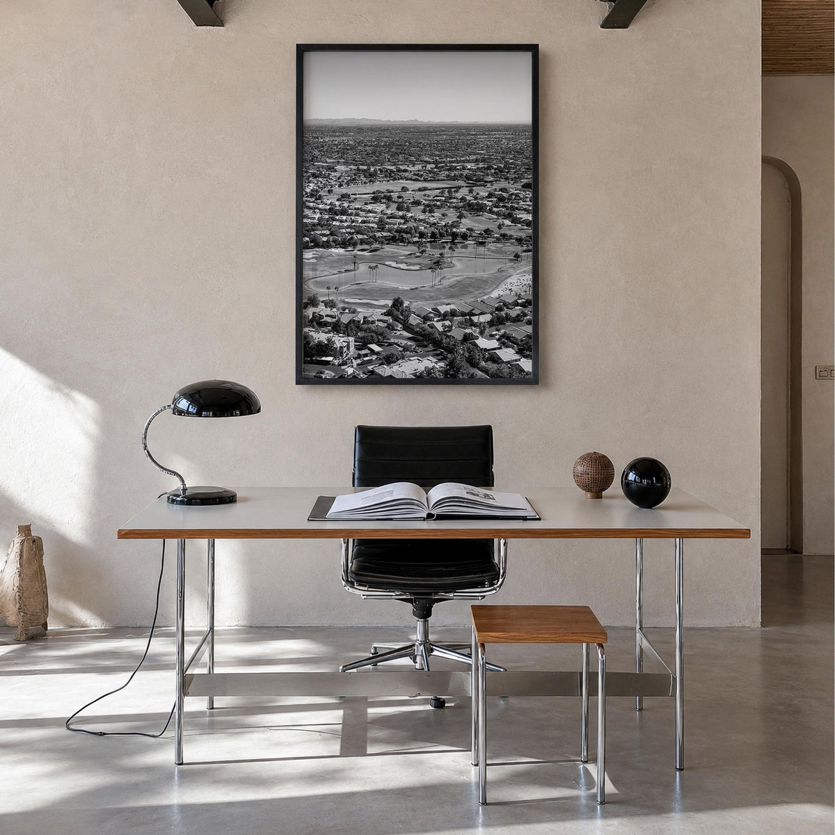 Mesa no. 2 black & white photo poster of Arizona, USA – vertical wall art in black wood frame, hanging on wall