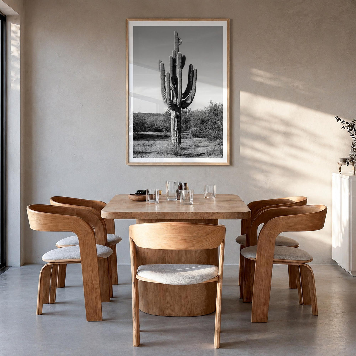 Mesa no. 1 black & white photo poster of Arizona, USA – vertical wall art in natural wood frame with white border, hanging on