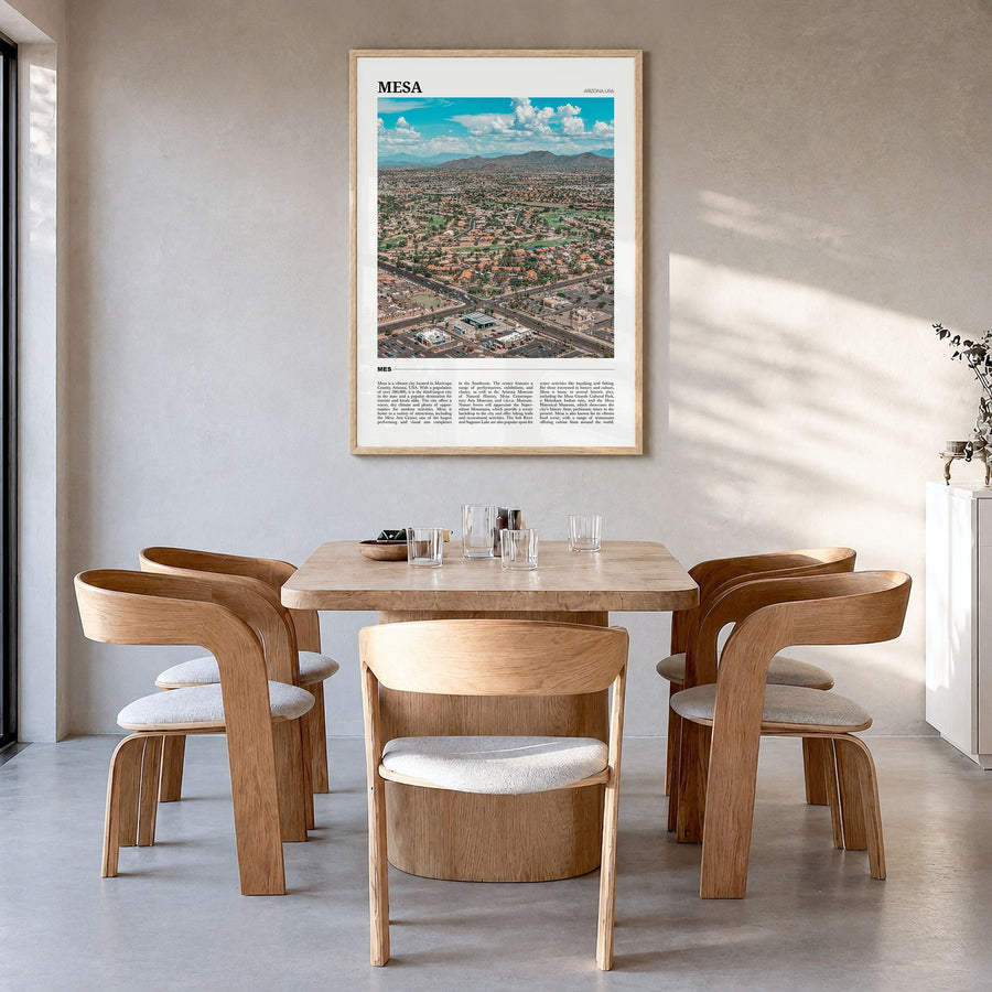Mesa Travel Poster in a natural wood frame, hanging in a dining room