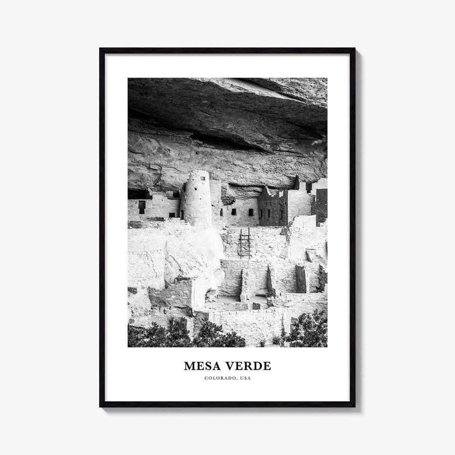 Mesa Verde National Park black & white classic poster of Colorado, USA – vertical wall art, unframed print shown in interior 