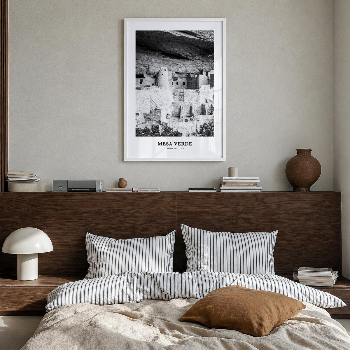 Mesa Verde National Park black & white classic poster of Colorado, USA – vertical wall art in white wood frame, hanging on wa