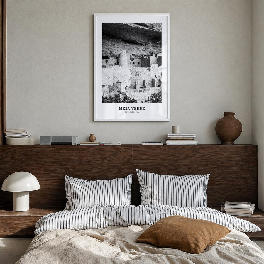 Mesa Verde National Park black & white classic poster of Colorado, USA – vertical wall art in white wood frame, hanging on wa