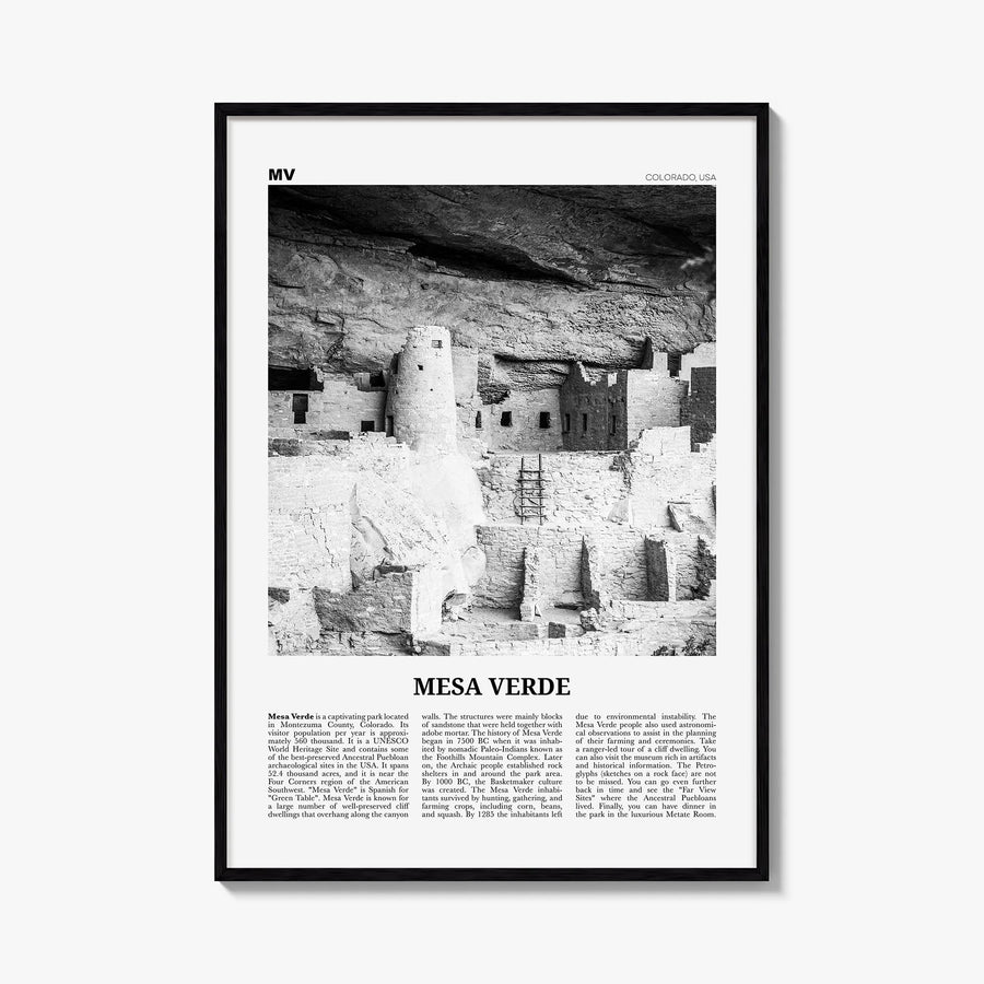 Mesa Verde National Park black & white newspaper poster of Colorado, USA – vertical wall art, unframed print shown in interio