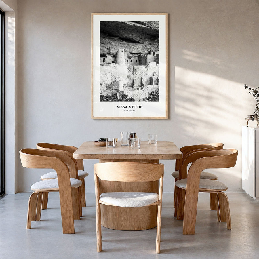 Mesa Verde National Park Classic Poster in a natural wood frame, hanging in a dining room