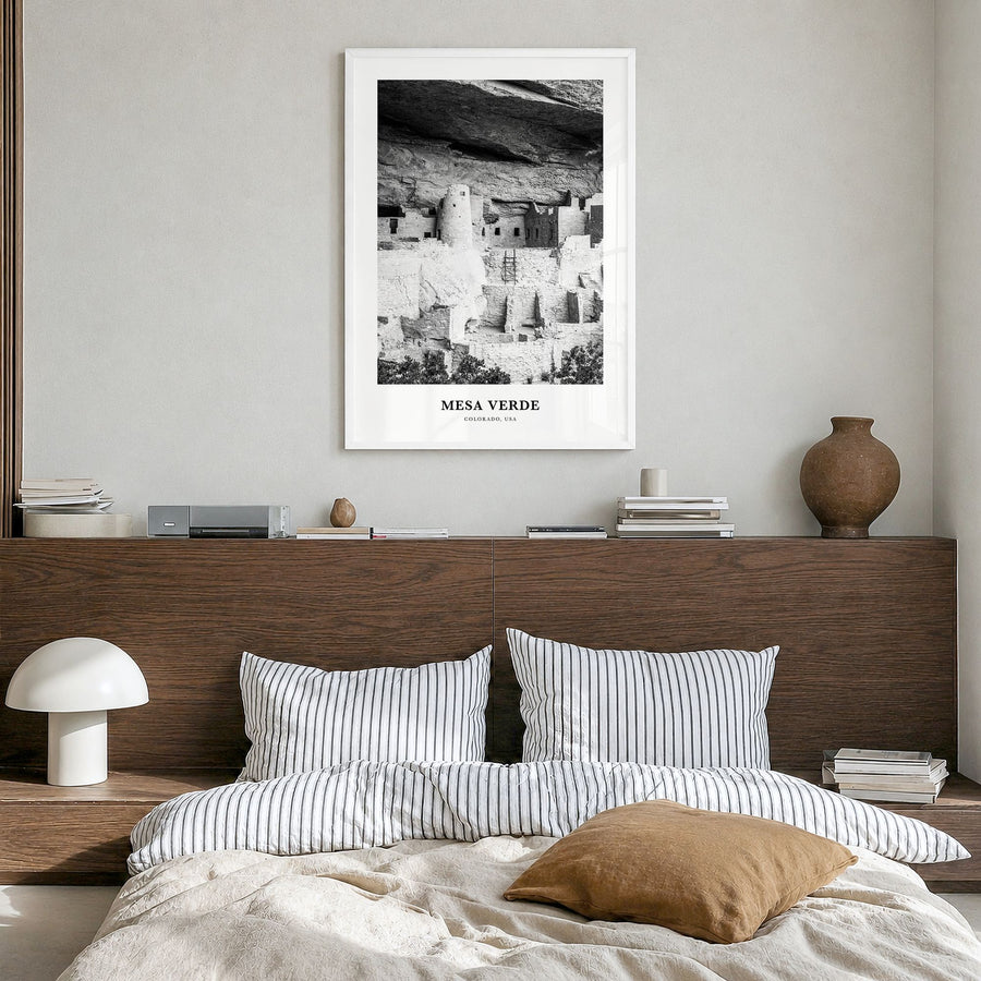 Mesa Verde National Park Classic Poster in a white wood frame, hanging in a bedroom