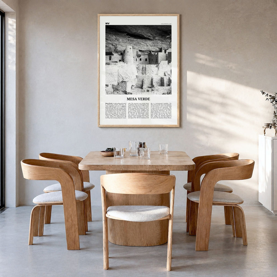 Mesa Verde National Park Newspaper Poster in a natural wood frame, hanging in a dining room