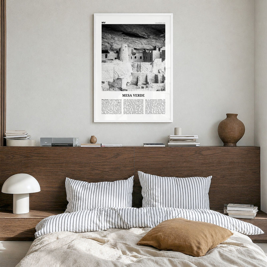 Mesa Verde National Park Newspaper Poster in a white wood frame, hanging in a bedroom