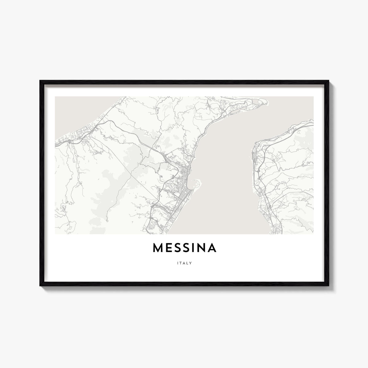 Messina black & white map poster of Italy – horizontal wall art, unframed print shown in interior mockup