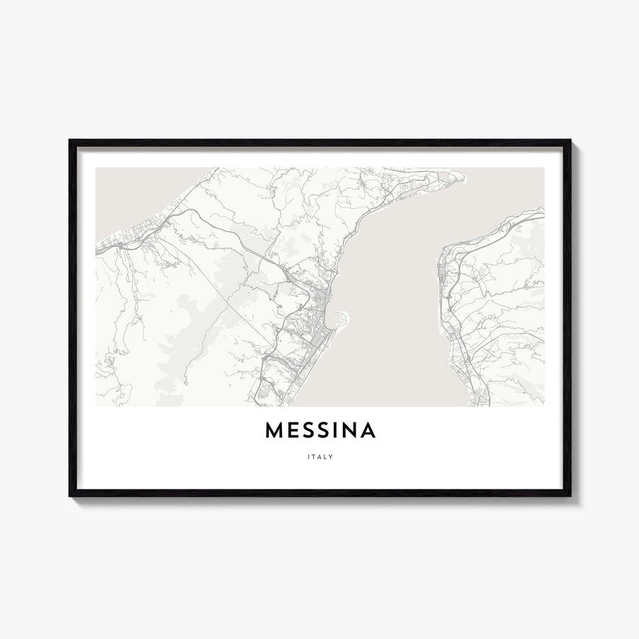 Messina black & white map poster of Italy – horizontal wall art, unframed print shown in interior mockup