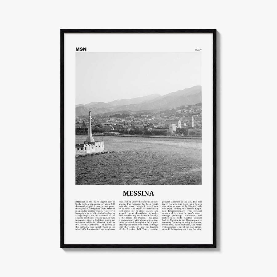 Messina black & white newspaper poster of Italy – vertical wall art, unframed print shown in interior mockup