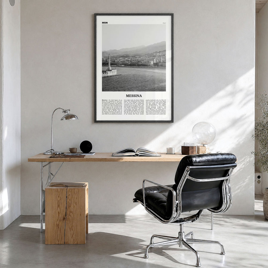 Messina Newspaper Poster in a black wood frame, hanging in a bright home office
