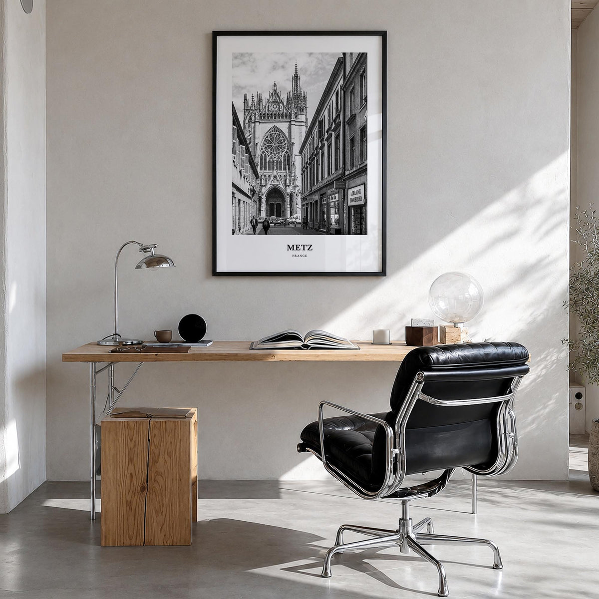 Metz black & white classic poster of France – vertical wall art in black wood frame, hanging on wall
