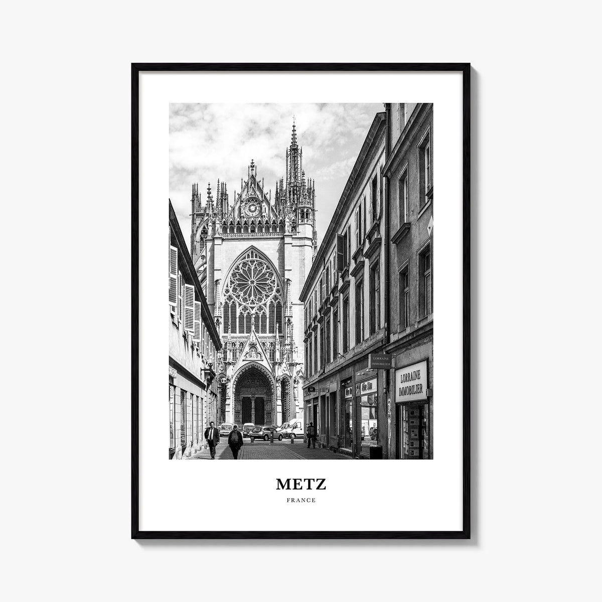 Metz black & white classic poster of France – vertical wall art, unframed print shown in interior mockup