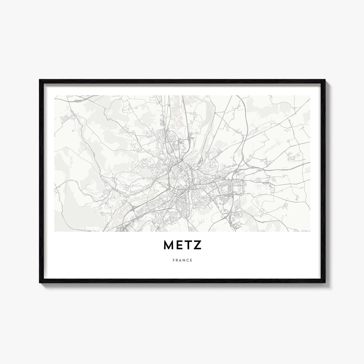 Metz black & white map poster of France – horizontal wall art, unframed print shown in interior mockup