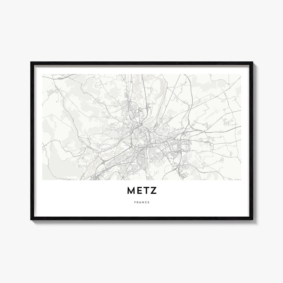 Metz black & white map poster of France – horizontal wall art, unframed print shown in interior mockup