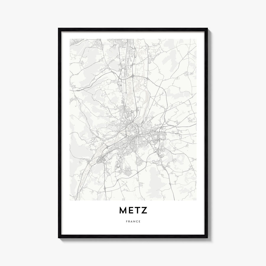 Metz black & white map poster of France – vertical wall art, unframed print shown in interior mockup