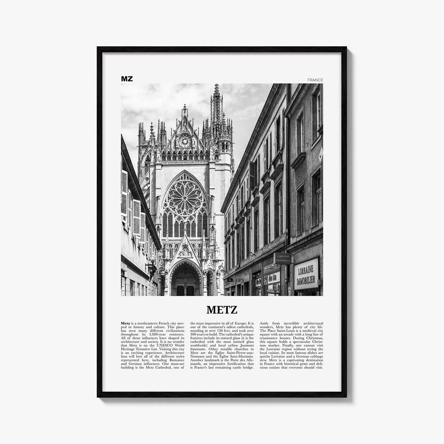 Metz black & white newspaper poster of France – vertical wall art, unframed print shown in interior mockup