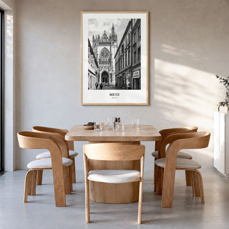 Metz Classic Poster in a natural wood frame, hanging in a dining room