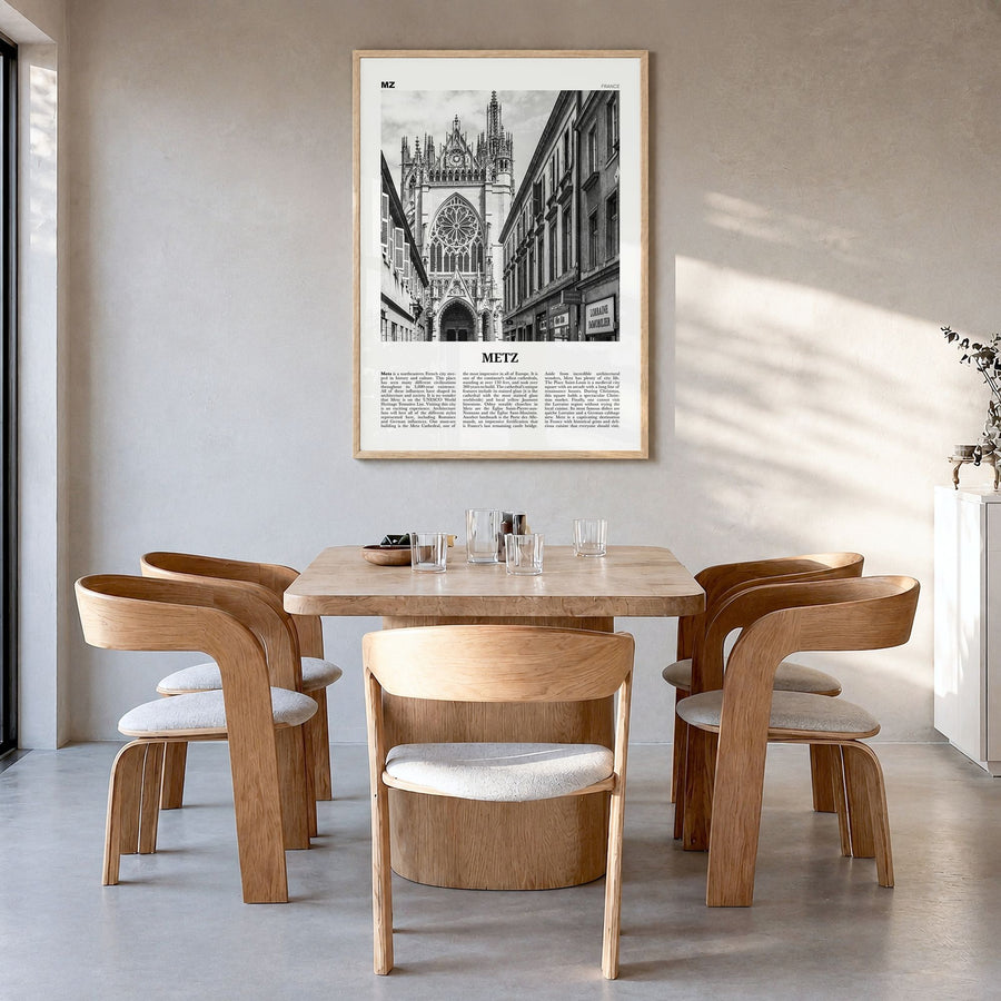 Metz Newspaper Poster in a natural wood frame, hanging in a dining room