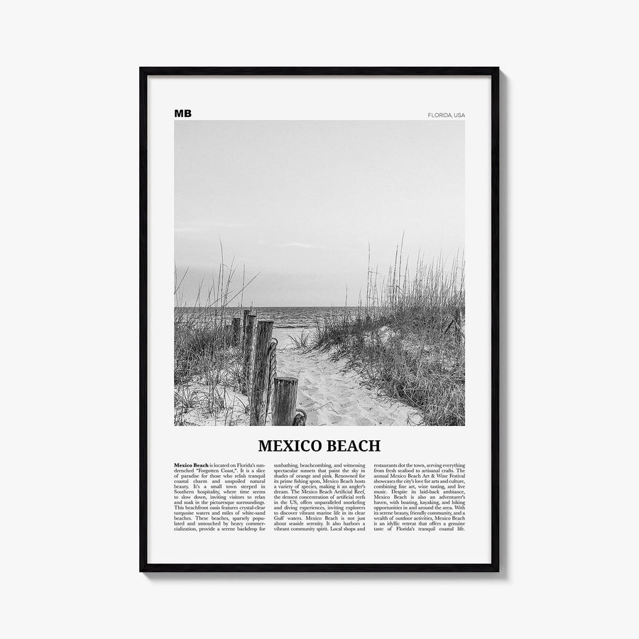 Mexico Beach black & white newspaper poster of Florida, USA – vertical wall art, unframed print shown in interior mockup
