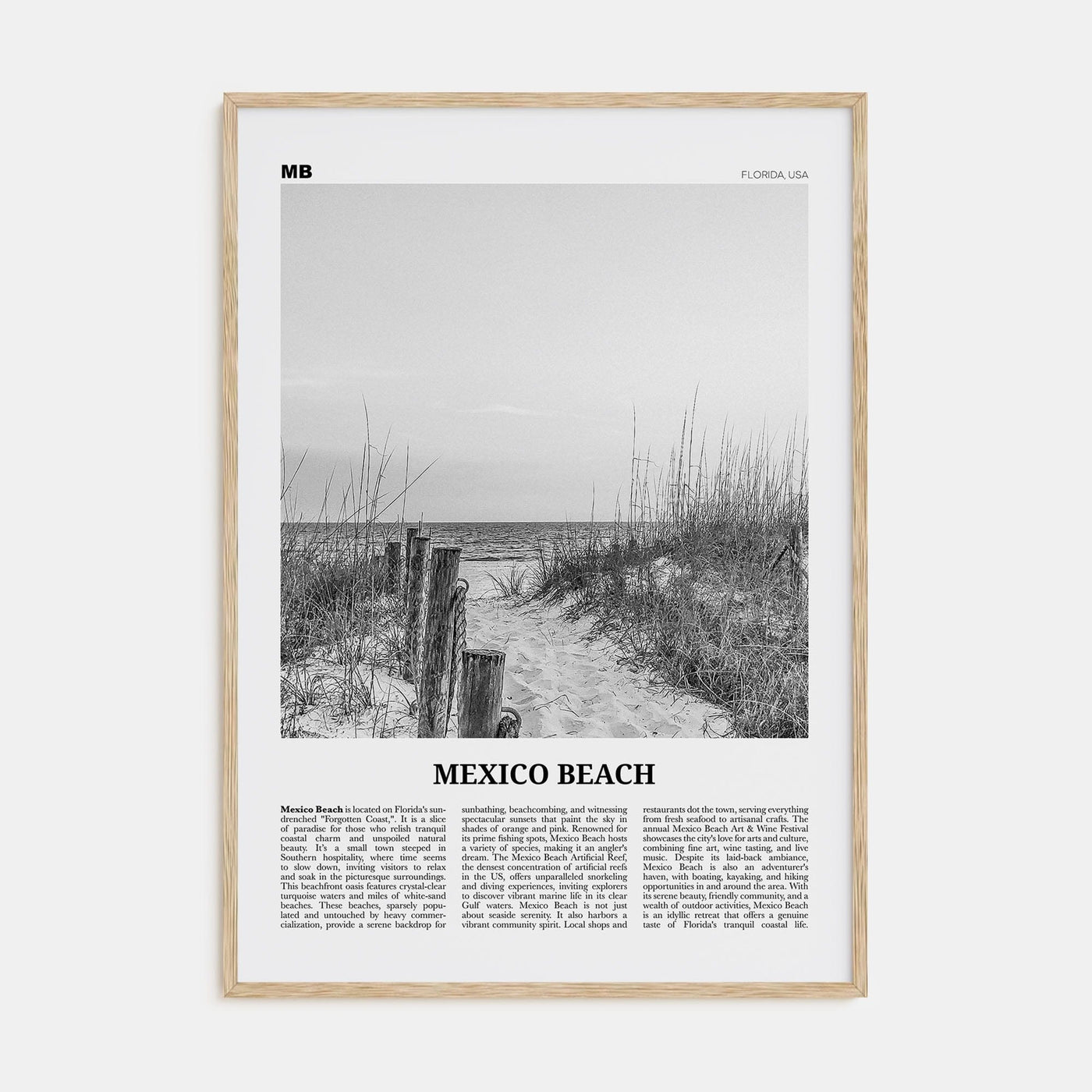 Mexico Beach Poster Natural Wood / 8x12 in Nbourhood Travel B&W Poster