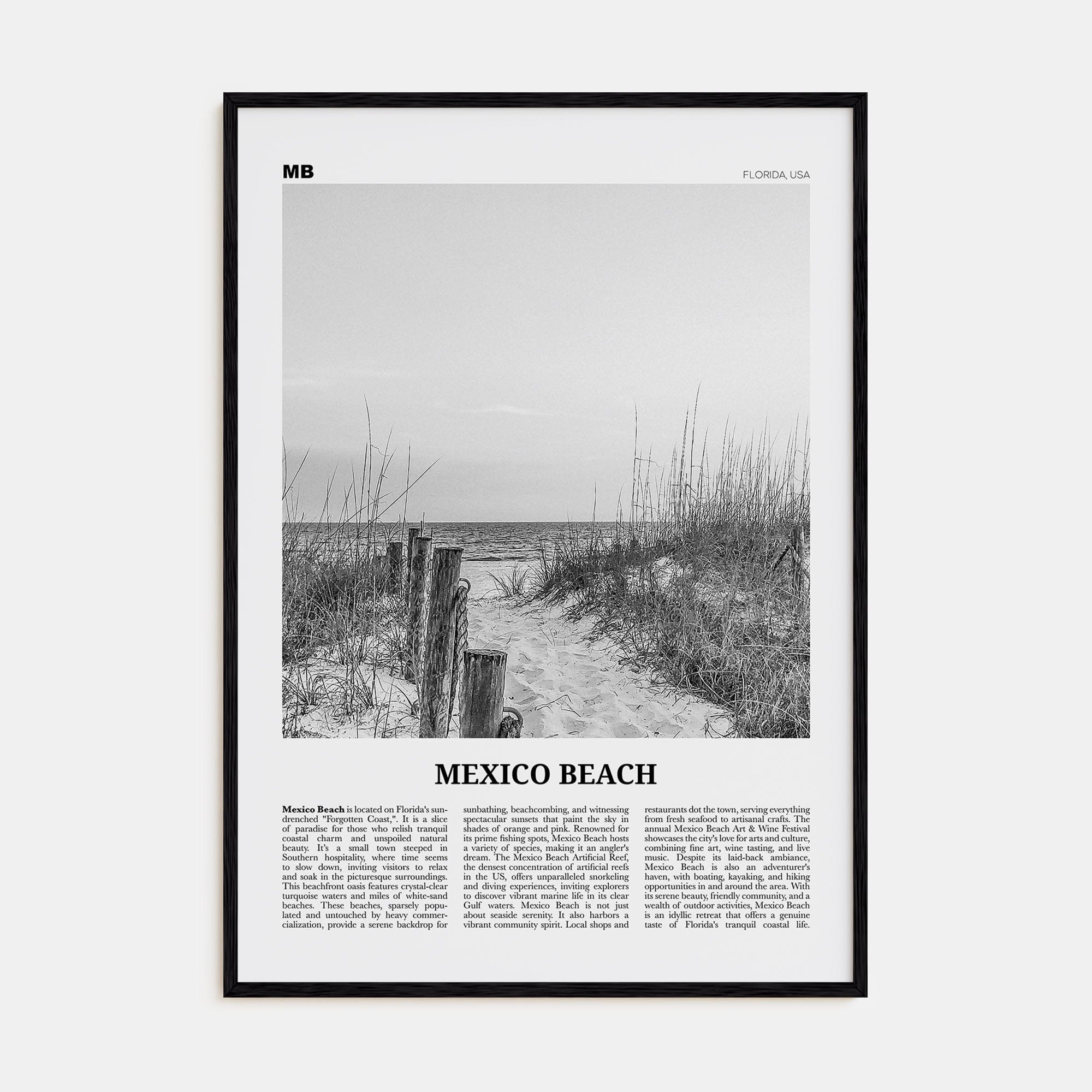 Mexico Beach Poster Black Wood / 8x12 in Nbourhood Travel B&W Poster