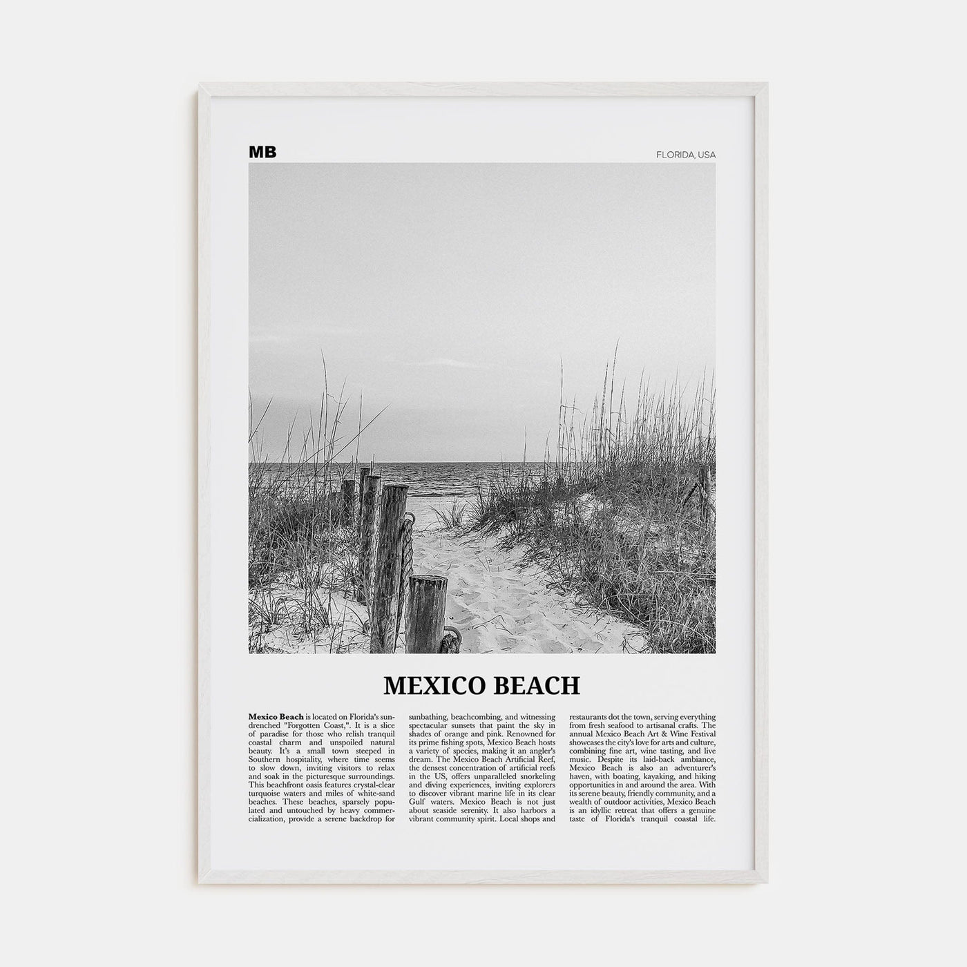 Mexico Beach Poster White Wood / 8x12 in Nbourhood Travel B&W Poster