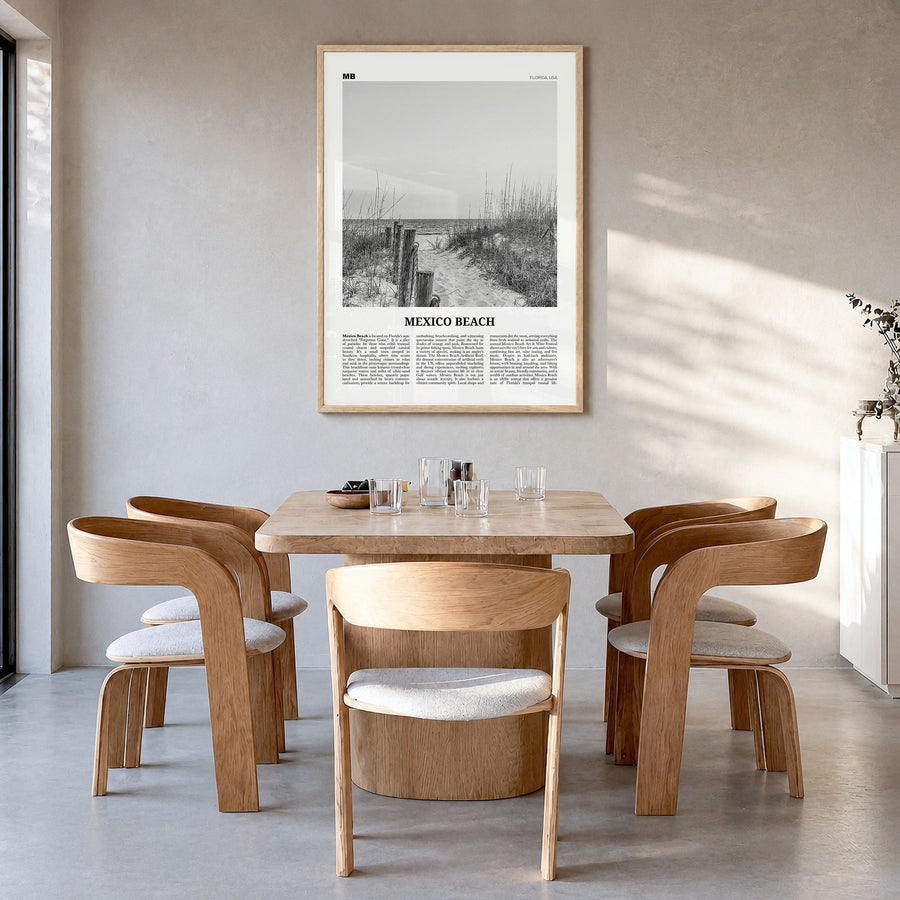 Mexico Beach Newspaper Poster in a natural wood frame, hanging in a dining room
