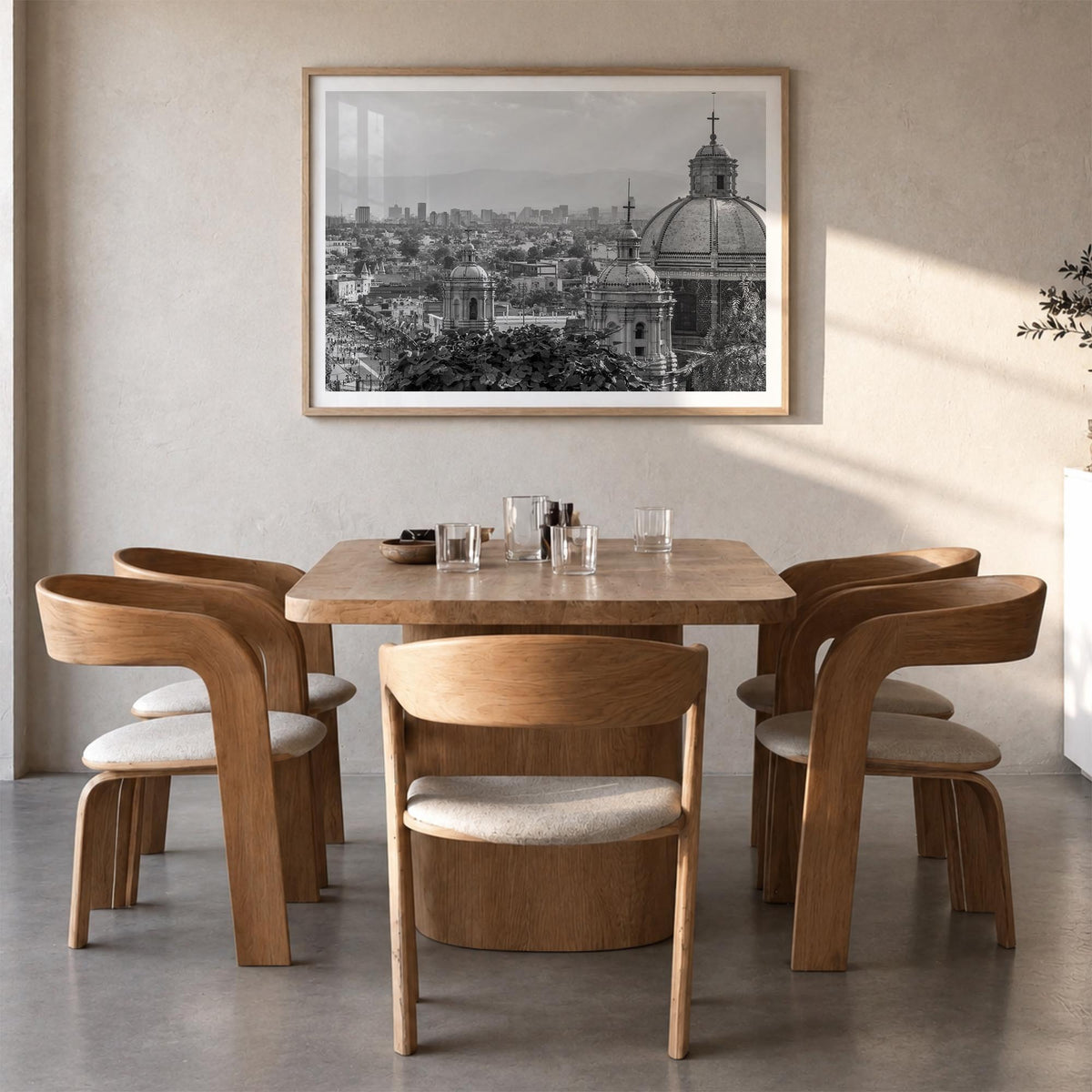Mexico black & white photo poster of North America – horizontal wall art in natural wood frame with white border, hanging on 