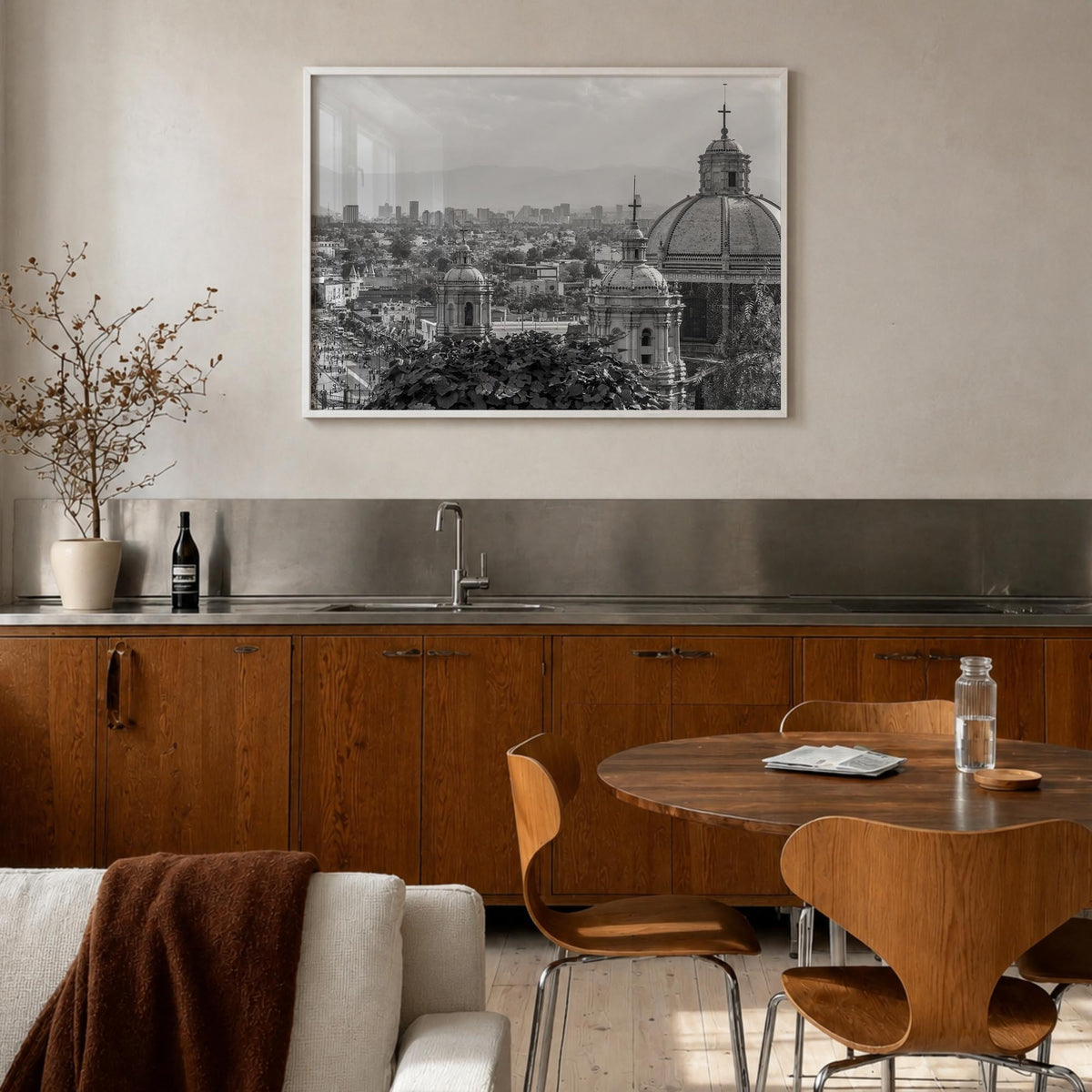 Mexico black & white photo poster of North America – horizontal wall art in white wood frame, hanging on wall