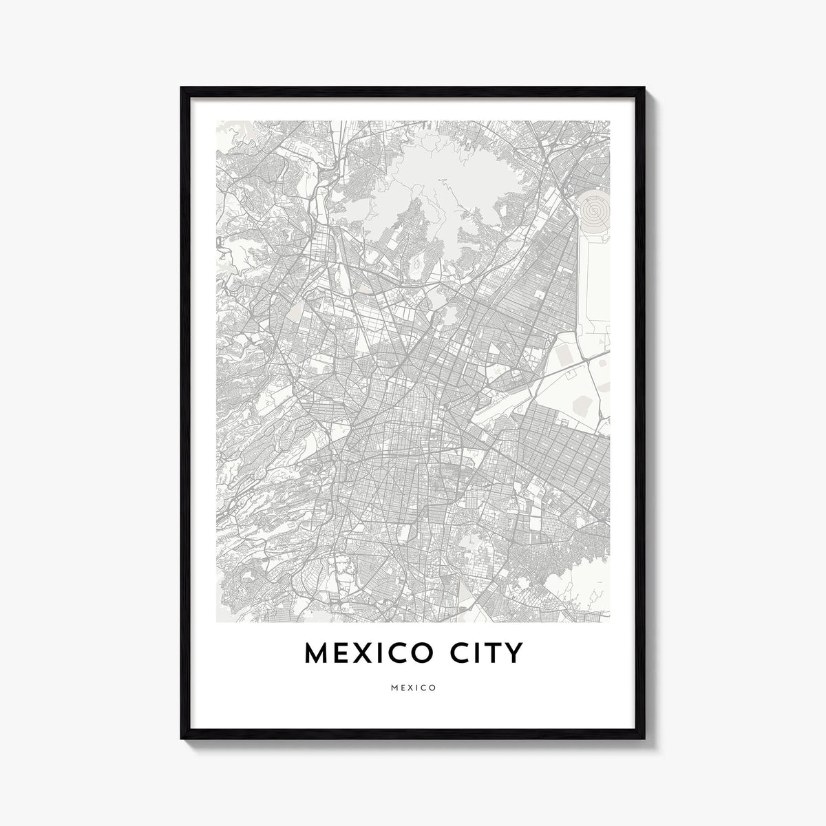 Mexico City black & white map poster of Mexico – vertical wall art, unframed print shown in interior mockup