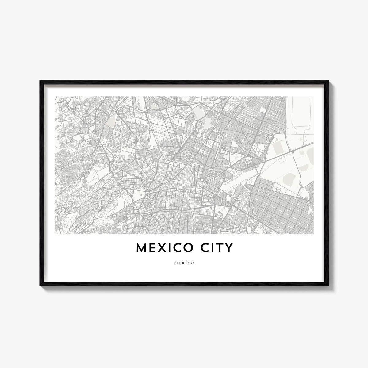 Mexico City black & white map poster of Mexico – horizontal wall art, unframed print shown in interior mockup