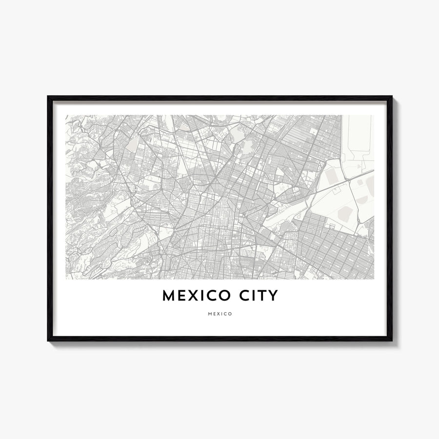 Mexico City black & white map poster of Mexico – horizontal wall art, unframed print shown in interior mockup