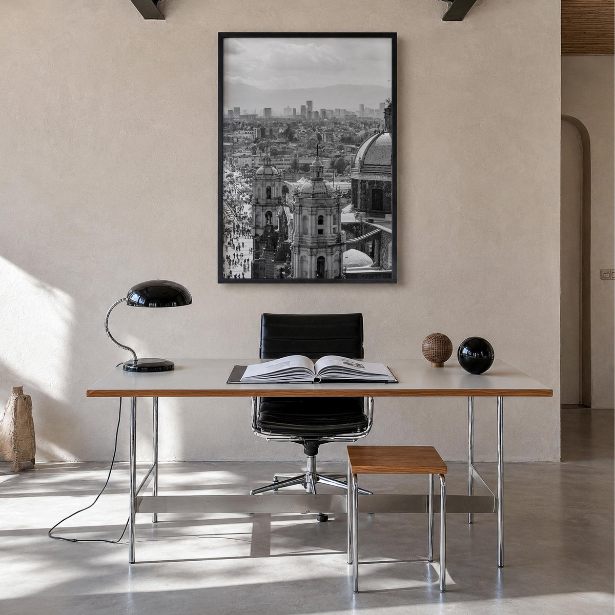 Mexico City black & white photo poster of Mexico – vertical wall art in black wood frame, hanging on wall