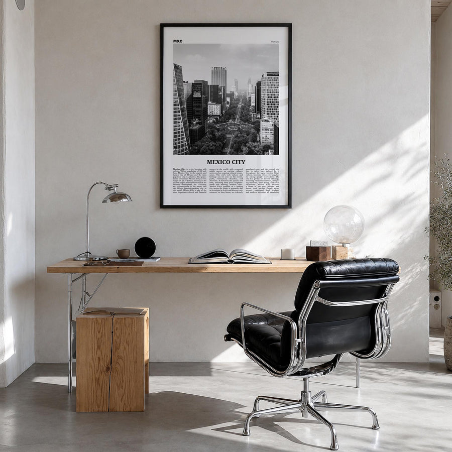 Mexico City no. 1 black & white newspaper poster of Mexico – vertical wall art in black wood frame, hanging on wall