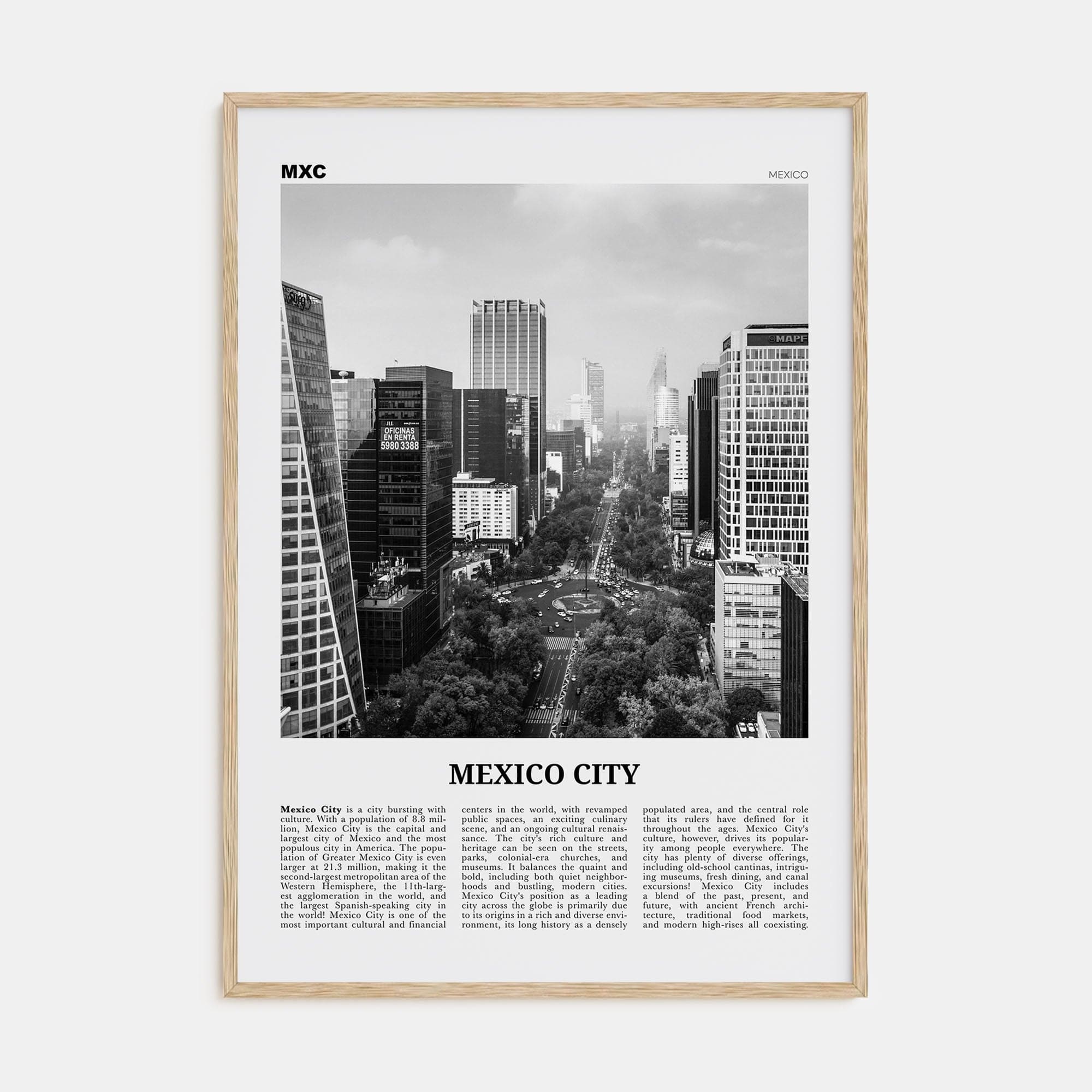 Mexico City No 1 Poster Natural Wood / 8x12 in Nbourhood Travel B&W Poster