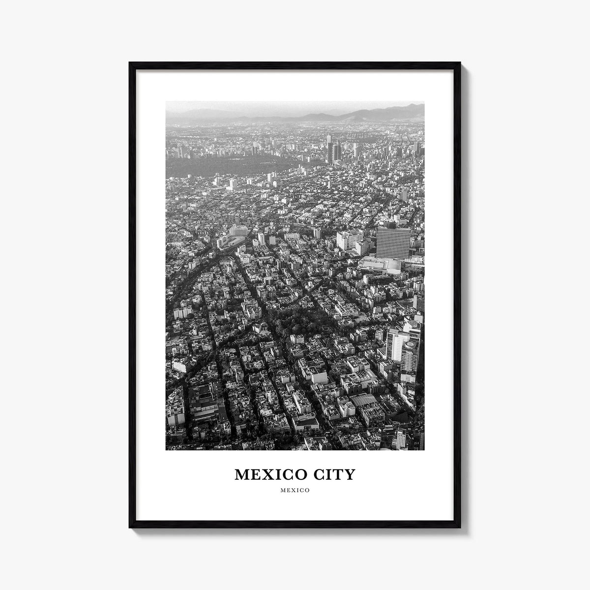 Mexico City no. 2 black & white classic poster of Mexico – vertical wall art, unframed print shown in interior mockup