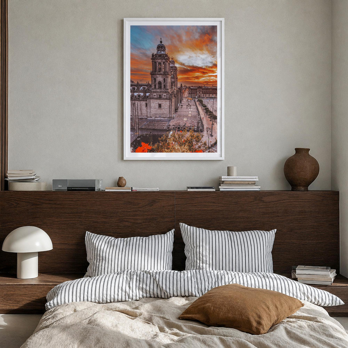 Mexico City no. 2 colorful photo poster of Mexico – vertical wall art in white wood frame with white border, hanging on wall