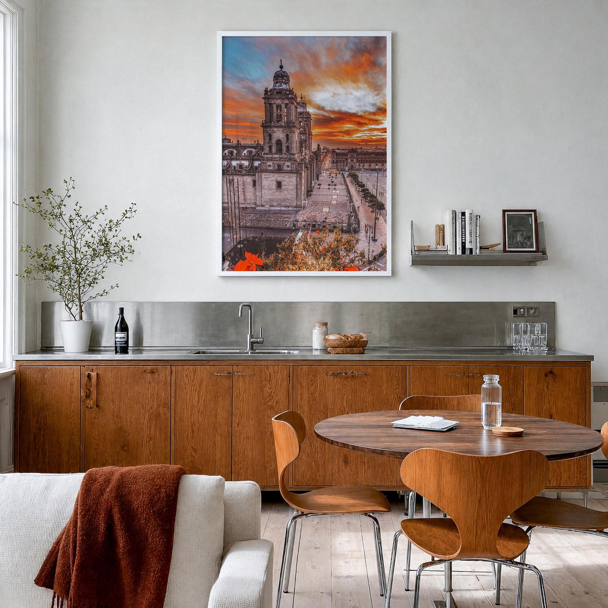Mexico City no. 2 colorful photo poster of Mexico – vertical wall art in white wood frame, hanging on wall