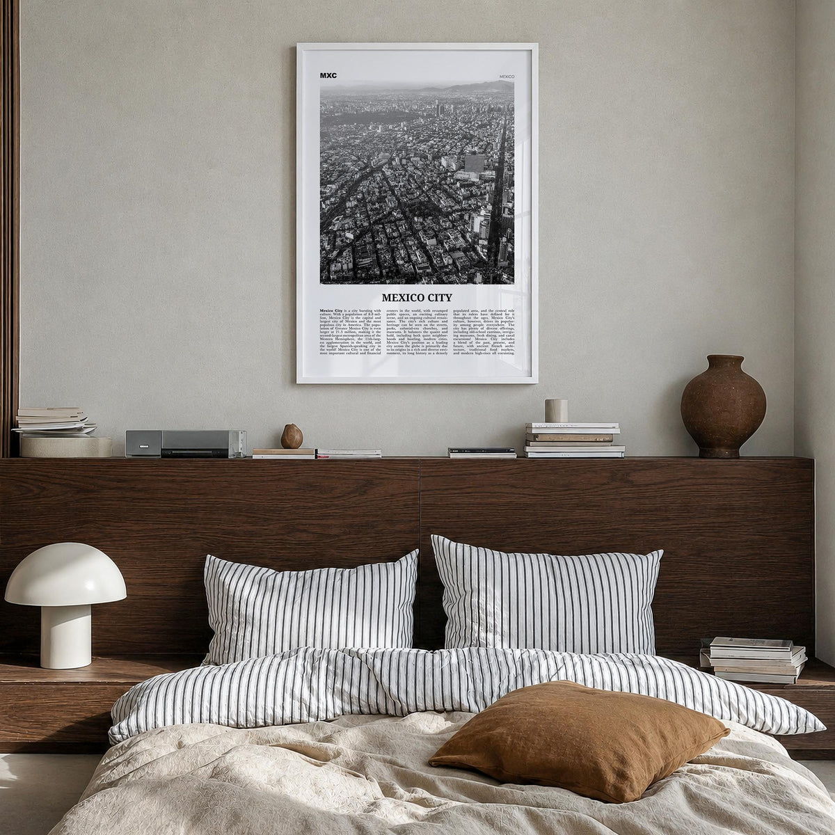 Mexico City no. 3 black & white newspaper poster of Mexico – vertical wall art in white wood frame, hanging on wall