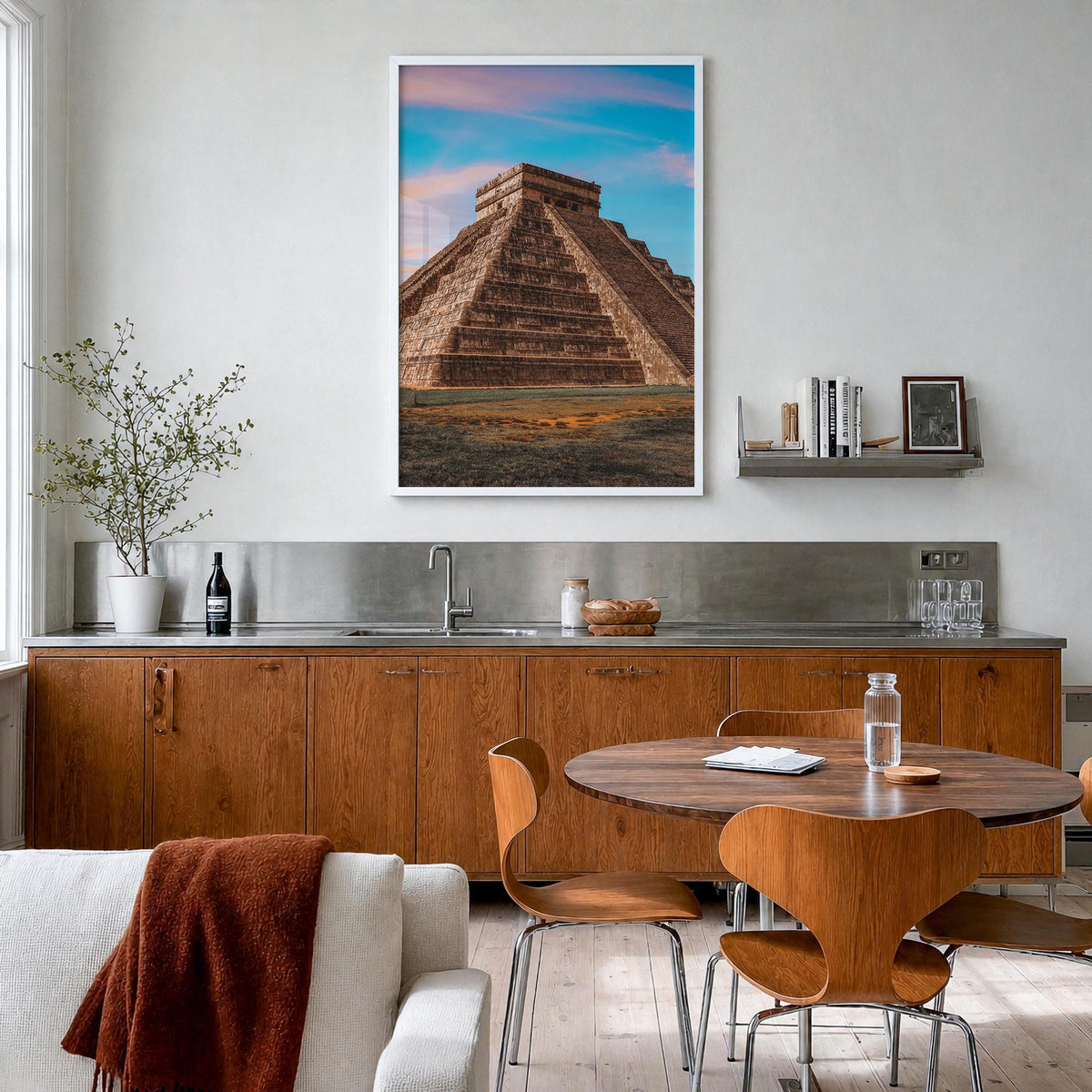 Mexico City no. 3 colorful photo poster of Mexico – vertical wall art in white wood frame, hanging on wall