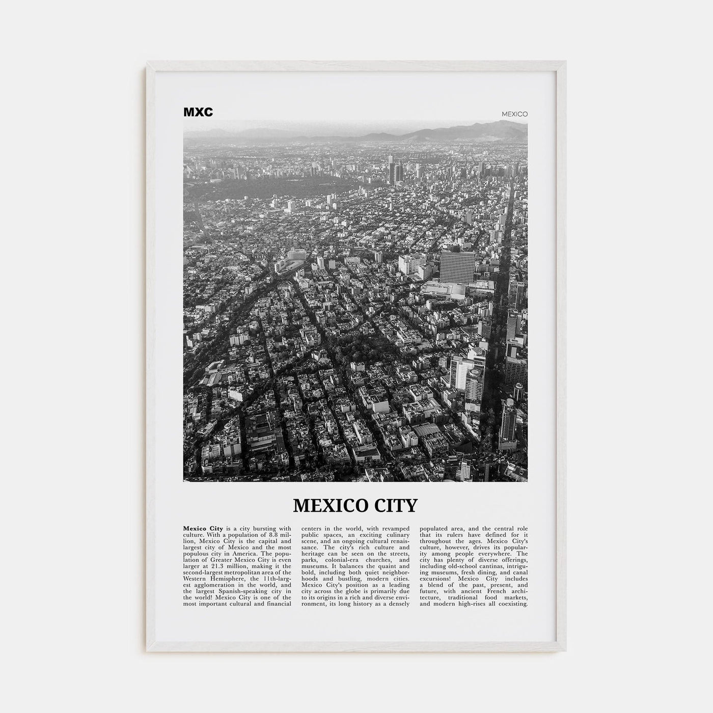 Mexico City No 3 Poster White Wood / 8x12 in Nbourhood Travel B&W Poster