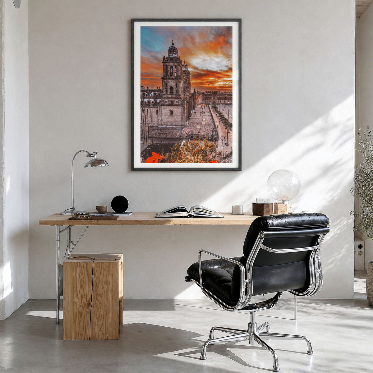 Mexico City Photo No 2 Poster in a black wood frame, hanging in a bright home office, white border